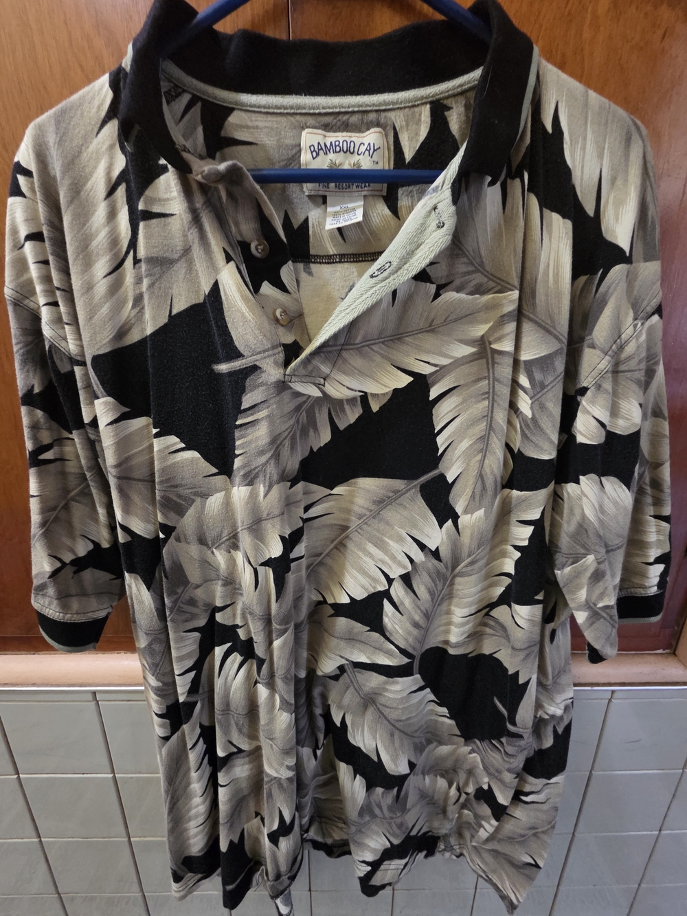 Bamboo Cay Men's XXL Resort Shirt Gray Black Tropical Leaf Print 100% Cotton Pol